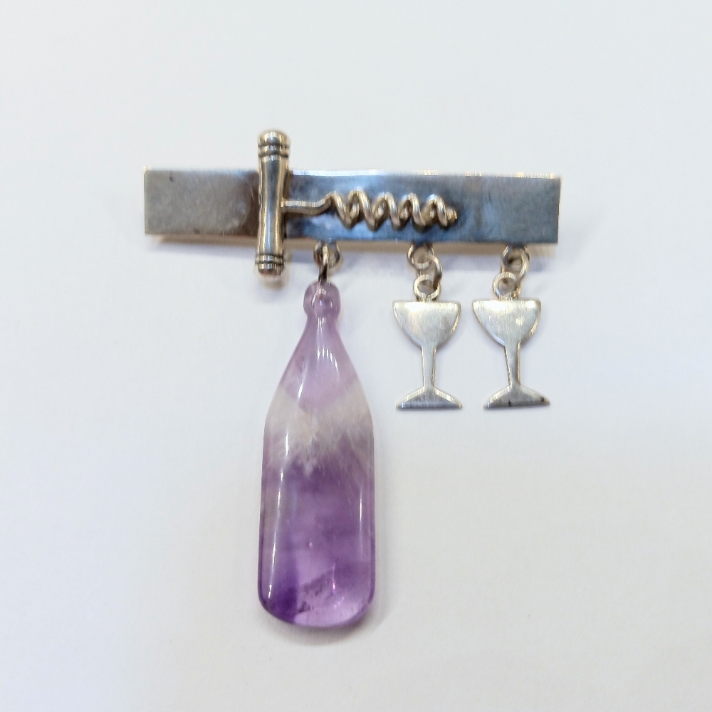 Vintage Sterling Amethyst Stone Wine Bottle Brooch Pin